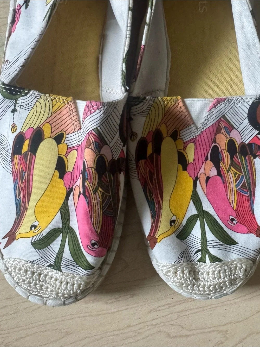 Sakroots Women's White Canvas Espadrilles with Yellow & Pink Bird Print - Picture 3 of 4